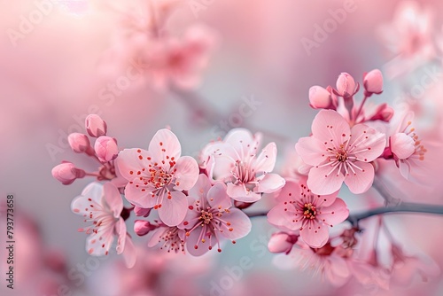Beautiful cherry blossoms in full bloom  with a blurred background