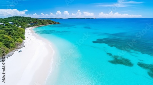 A mesmerizing view of a sandy beach meeting crystal-clear blue waters from above