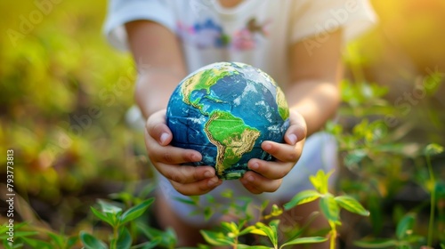 A child holds a small globe made of clay. The idea of life on Earth, the environment, and how everything is connected