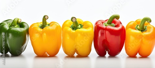 Several peppers in a row on white