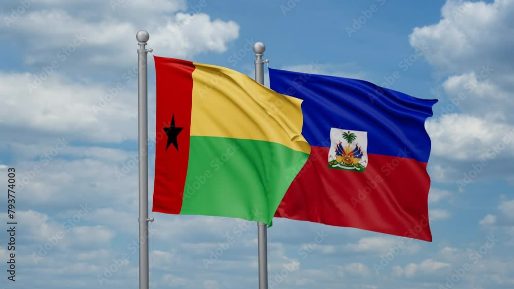 Haiti and Guinea-Bissau two flags waving together, looped video, two country relations concept Haiti and Guinea-Bissau two flags waving together, looped video, two country relations concept