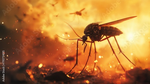 a giant black and red mosquito with long legs, flying over an apocalyptic world filled with other big insects in the background. A low angle shot from behind lights the scene photo