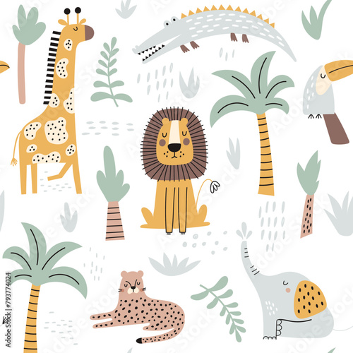Seamless childish jungle pattern with cute lion, crocodile, giraffe, elephant, leopard, toucan. Perfect for fabric, textile, nursery posters. Vector