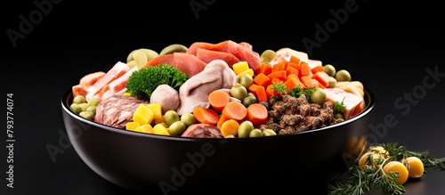 Bowl of meal featuring meat, veggies, and olives