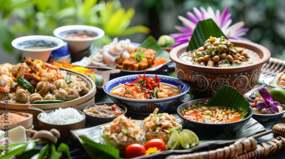 A traditional Thai feast set with various dishes, showcasing the diversity and richness of Thai cuisine.