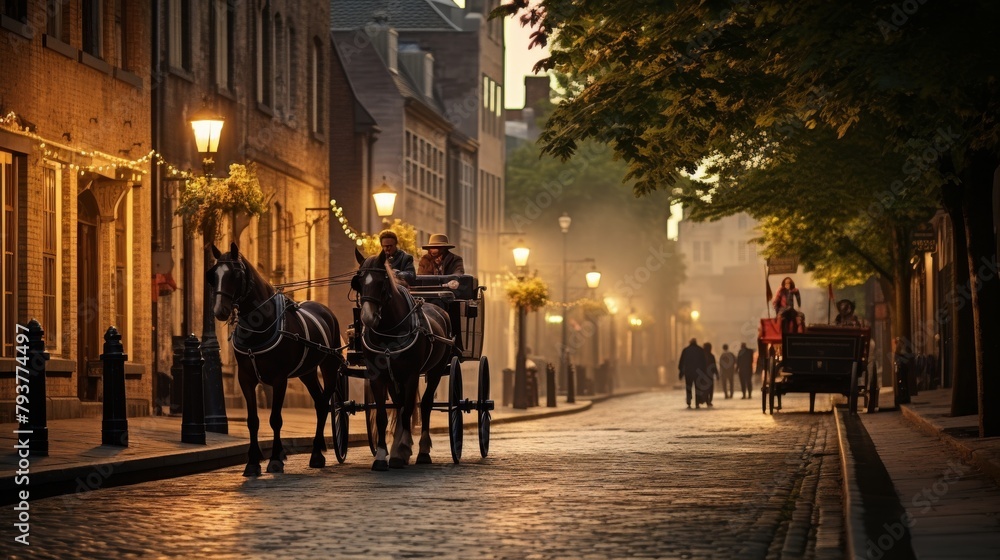 A majestic horse drawn carriage gracefully travels down a bustling city street