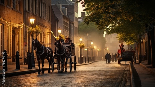 A majestic horse drawn carriage gracefully travels down a bustling city street photo