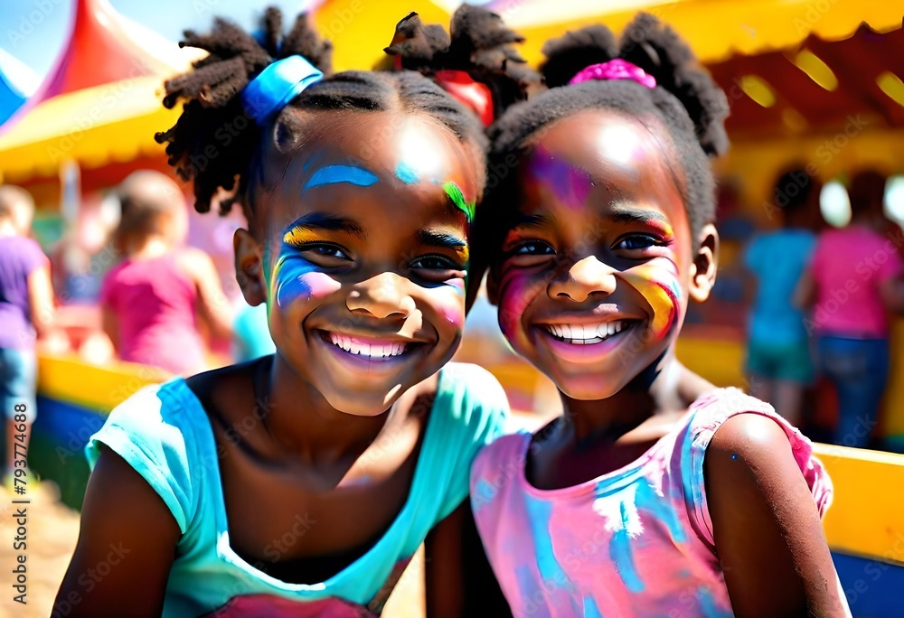 a happy smiling young black african american girls friends with their faces painted in bright colors at a county fair, carnival, state fair, school girls a happy smiling young black african american girls friends with their faces painted in bright colors at a county fair, carnival, state fair, school girls
