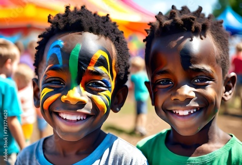 a happy smiling young black african american boys friends with their faces painted in bright colors at a county fair, carnival, state fair photo