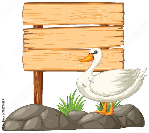 Vector illustration of a duck near a blank sign.