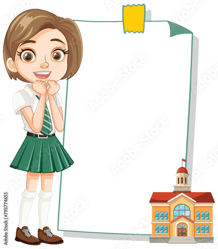 Young girl in uniform presenting empty paper scroll.