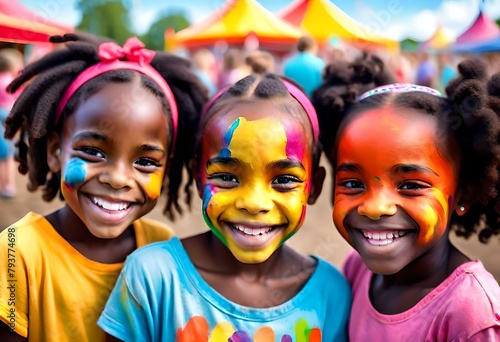 a happy smiling young black african american girls friends with their faces painted in bright colors at a county fair, carnival, state fair, school girls