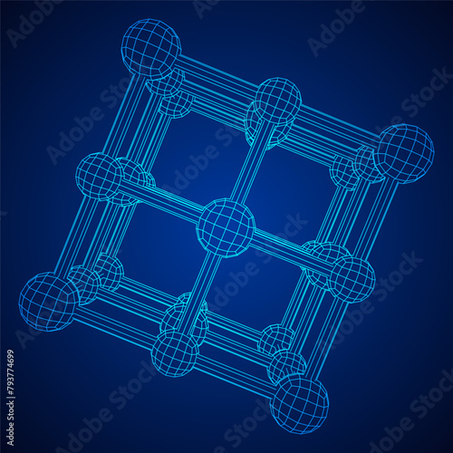 Crystal lattice molecule grid. Sodium chloride rock salt. Wireframe low poly mesh vector illustration.