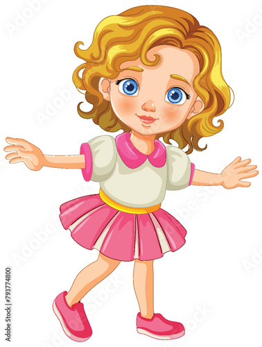 Cartoon of a cheerful girl in a pink skirt dancing