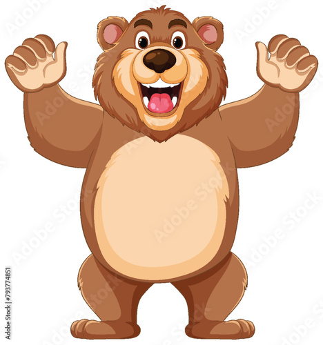 Happy bear character with arms raised in excitement