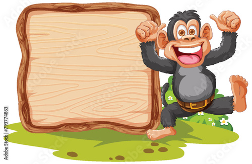 Happy monkey gesturing towards an empty signboard.