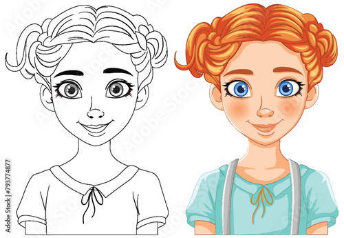 Line art and colored portrait of a young girl