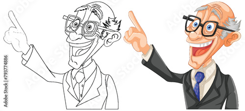Colorful vector of a happy scientist pointing upwards