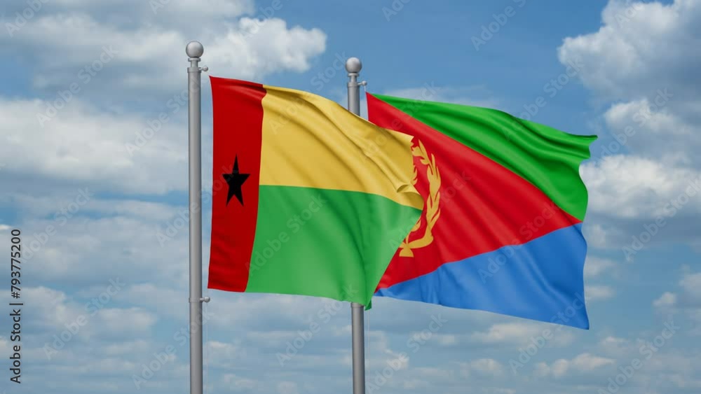 Eritrea and Guinea-Bissau two flags waving together, looped video, two country cooperation concept Eritrea and Guinea-Bissau two flags waving together, looped video, two country cooperation concept