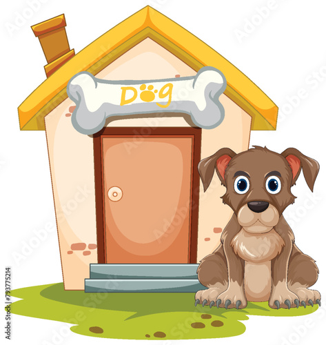 Cute brown puppy sitting outside its house