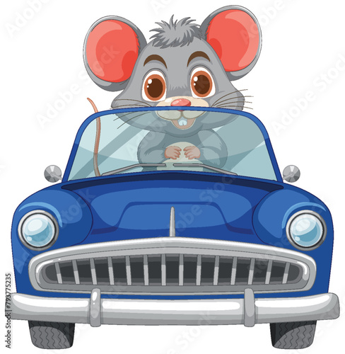 Adorable cartoon mouse behind the wheel of a car