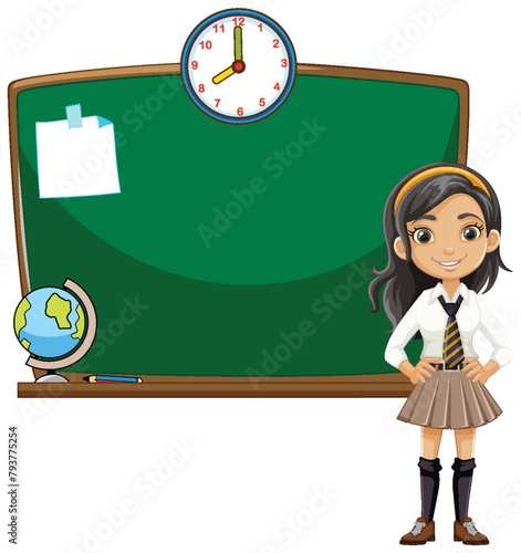 Cartoon of cheerful student by a green chalkboard