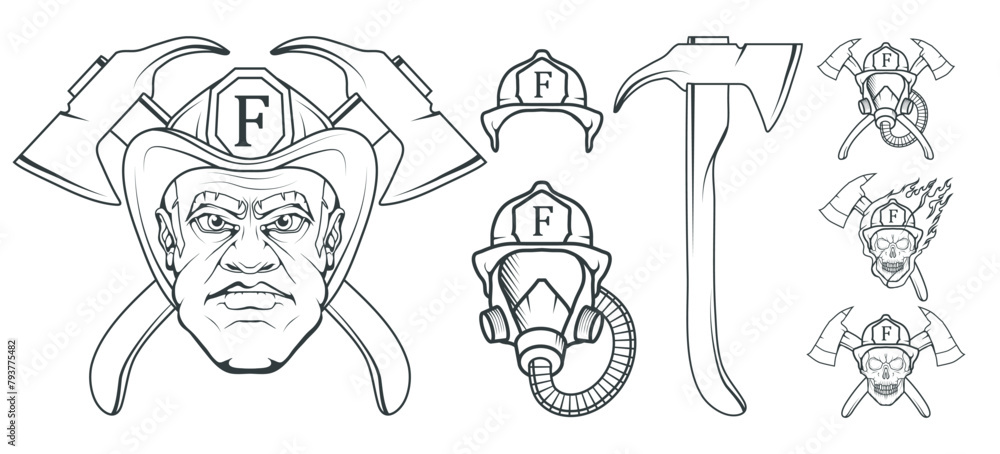 Hand drawn Firefighter. Professional Fire Protection concept. Rescuer. Firefighter head in a red helmet. Vector artwork