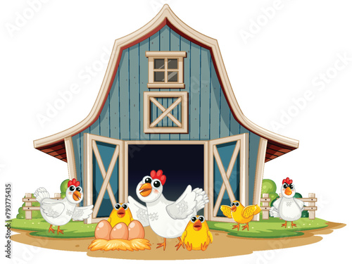 Colorful chickens gathered outside a wooden barn