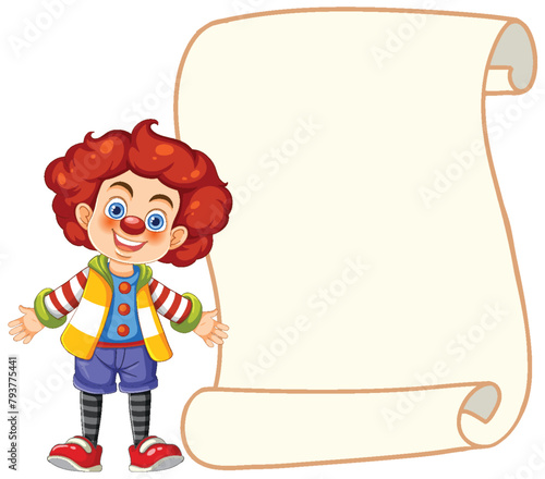 Cheerful cartoon clown presenting an empty parchment
