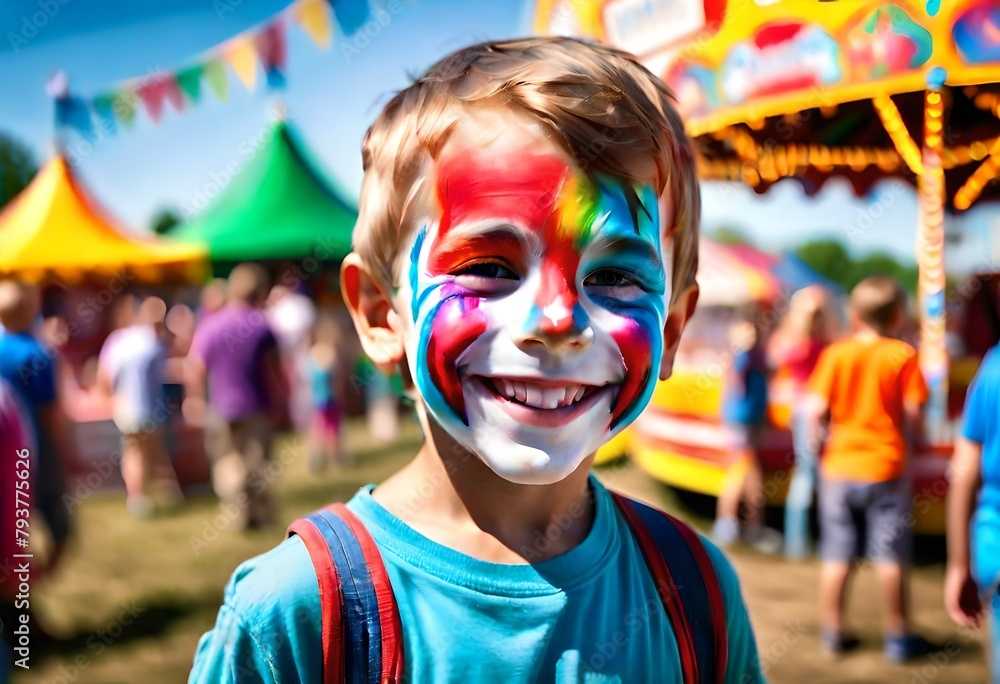 a happy smiling young white caucasian boy with his face painted in bright colors at a county fair, carnival, state fair a happy smiling young white caucasian boy with his face painted in bright colors at a county fair, carnival, state fair