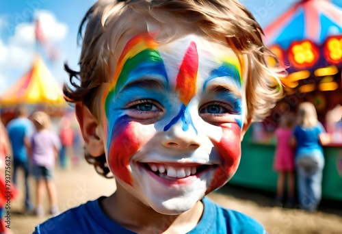 a happy smiling young white caucasian boy with his face painted in bright colors at a county fair, carnival, state fair