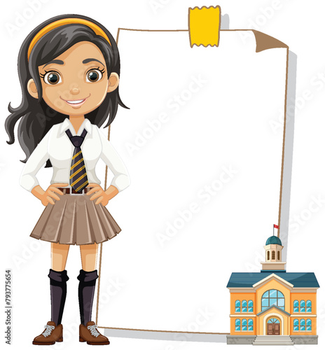 Cheerful girl in uniform holding a large empty banner