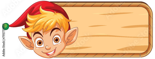 Vector illustration of a happy elf holding a sign.