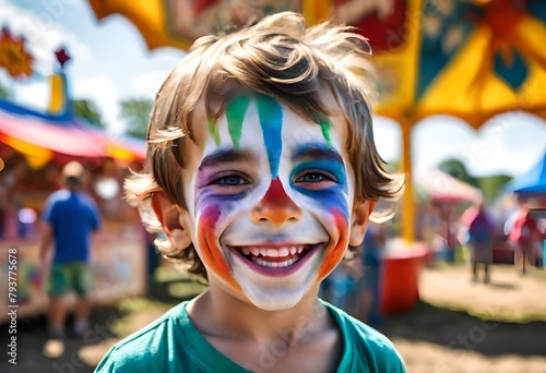 a happy smiling young white caucasian boy with his face painted in bright colors at a county fair, carnival, state fair © freelanceartist