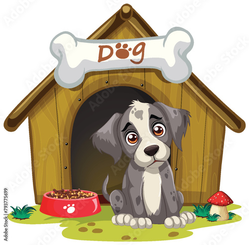 Adorable cartoon puppy sitting by its kennel