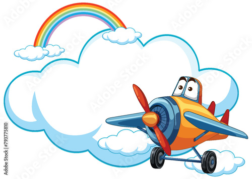Colorful cartoon plane flying near a vibrant rainbow