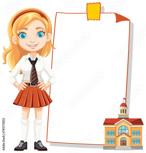 Cheerful student presenting with a large empty board
