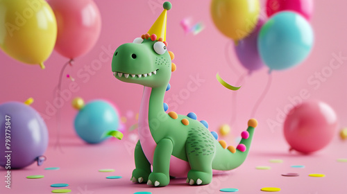 Birthday dinosaur with balloons.  © Vika art