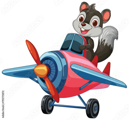 Cartoon squirrel flying a colorful airplane