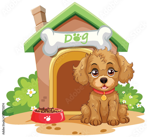 Cute brown puppy sitting by its doghouse