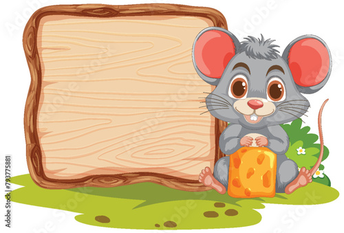 Cute mouse holding cheese beside blank sign.