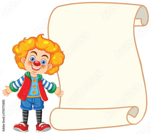 Cheerful cartoon clown presenting an empty scroll