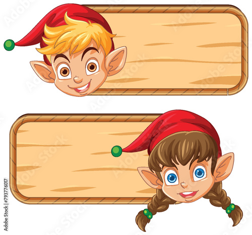 Two cartoon elves peeking behind wooden signs.