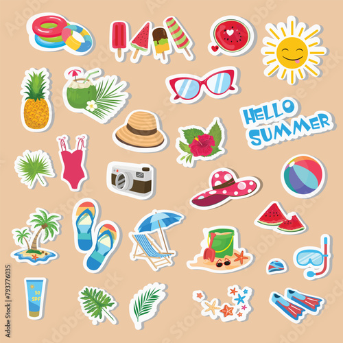 Summer sticker set. Summer element sticker. Summer holiday beach. Cartoon flat vector isolated on white bạckground