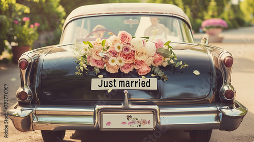 vintage wedding car with flowers