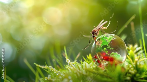 A mosquito sucking blood from a glass of earth globe with natural green bokeh background, world malaria day, mosquito day, and health day photo