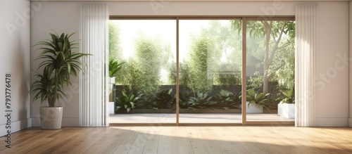 Living room with sliding glass door and plant © Ilgun