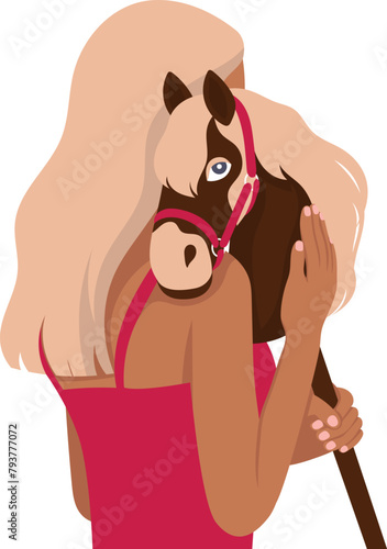 Teenage girl with white hair hugging her hobby horse horses