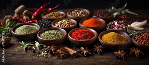 Various spices in containers on a wooden surface