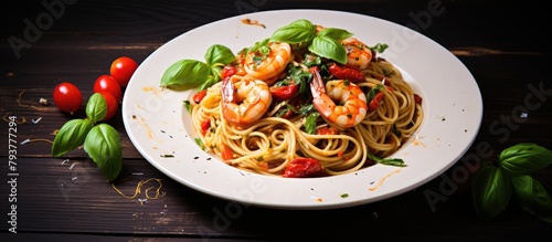 Plate of pasta featuring shrimp and tomatoes